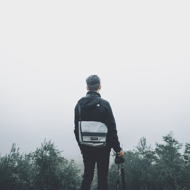 travel, mountain, millennials, three quarter length, rear view, people, lifestyles, real people, young adult, 4K, men, alone, guy, clear sky, outdoors