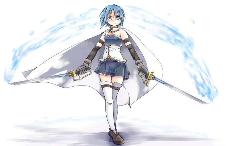 magica, thighhighs, skirt, bac 123, 2K, weapon, short, hair, shoujo, cape, miki, eyes, mahou, sayaka, blue, madoka, sword