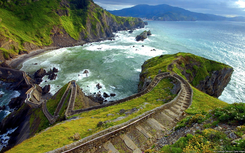 sea, ladders, 1080P, rocks, mountains, path