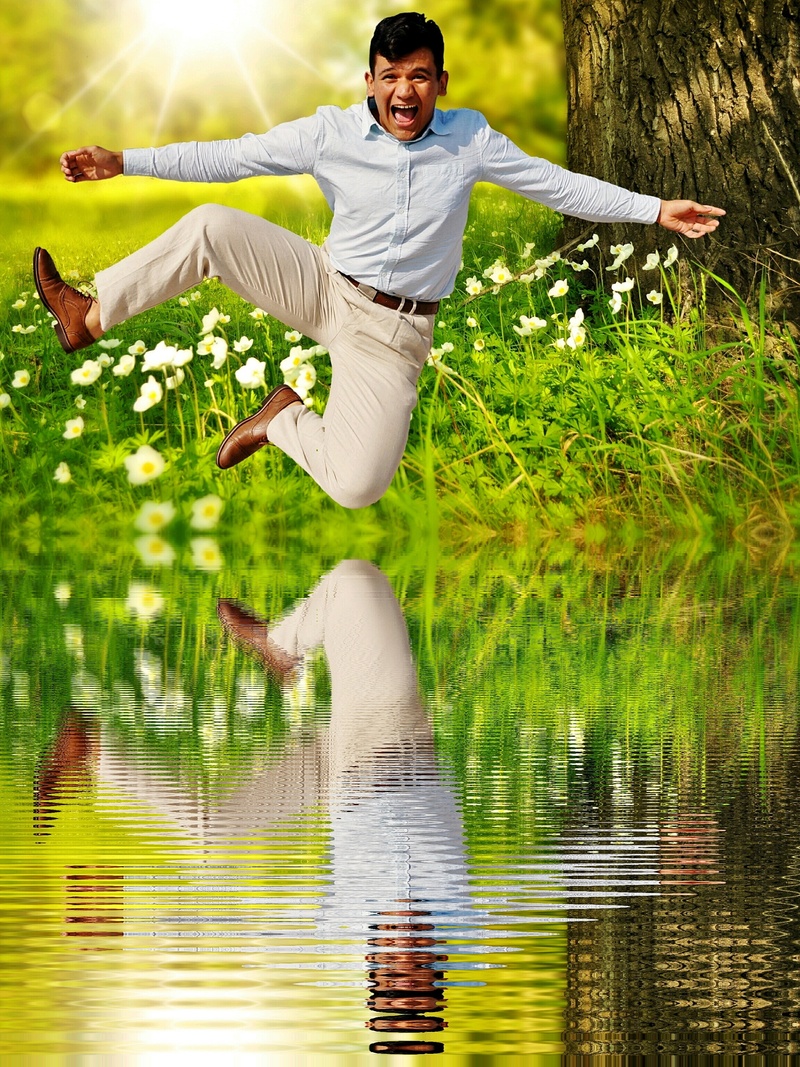 caucasian Ethnicity, happy, air jump, left out, males, laugh, happiness, adult, male, one Person, casual clothing, young Adult, 2K, lake, satisfied, leisure activity