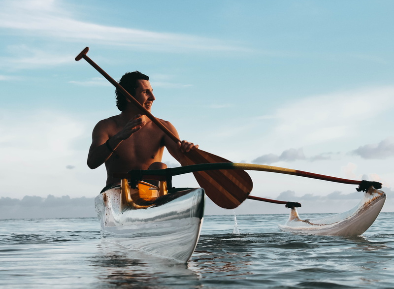 4K, rowing, person, men, oar, waterfront, watercraft, nature, sky, cloud - sky, lifestyles, paddle, one person, shirtless, canoe, sea, leisure activity