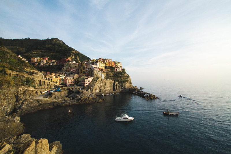 beach, two, mountain, dock, mountains, scenics - nature, cinque terre, near, rock, sea, town, daytime, 5K, water, rock - object, hill, nautical vessel