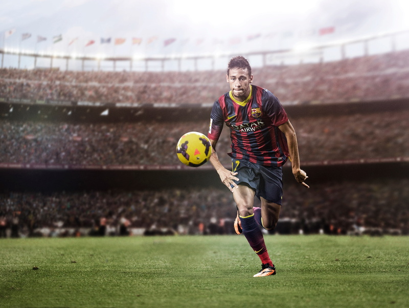 one person, effort, outdoors, sports clothing, soccer ball, motion, grass, front view, skill, soccer player, Neymar, 1080P, athlete, team sport, stadium