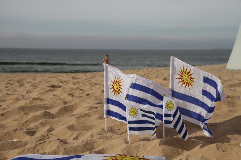 four, nature, patriotism, focus on foreground, coast, sea, flags, striped, scenics - nature, uruguayan, beside, daytime, tranquility, no people, sand, 5K
