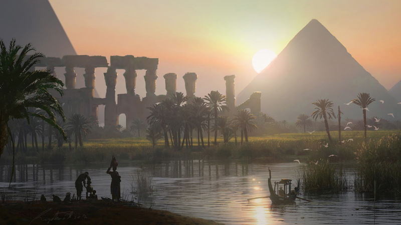 pyramid, landscape, river, artwork, assassins creed, egypt, Assassins creed Origins, 1080P, digital art, video games