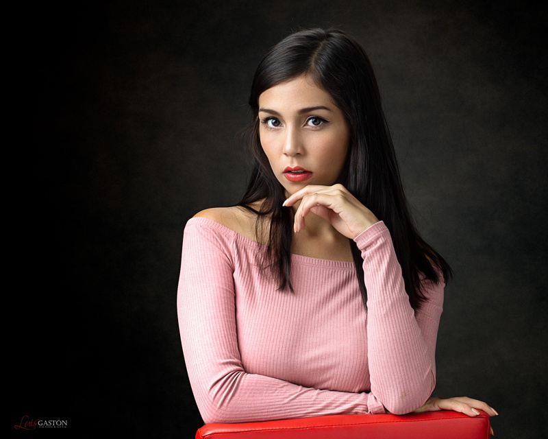 Luis Gastón, face, portrait, long hair, hairstyle, adult, women, black hair, black background, young adult, beautiful woman, front view, looking at camera