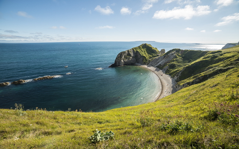 the sky, horizon, sea, stones, Laguna, hill, 4K, Dorset, UK, the sun, rocks, Durdle Door, Deral-Dor, grass, clouds, coast