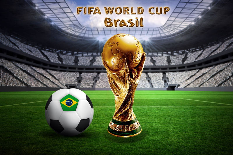 the ball, stadium, ball, golden trophy, Brasil, FIFA, football, flag, 4K, Brazil, World Cup, 2014