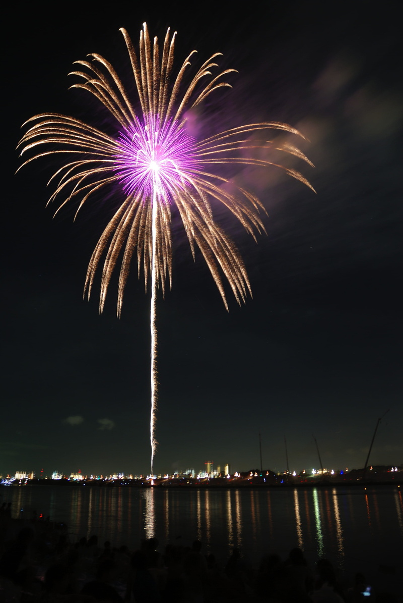 yellow, violet, firework Display, bright, water, firework, Hanabi, event, outdoors, long exposure, no people, Fireworks, night, holiday, celebration, arts culture and entertainment