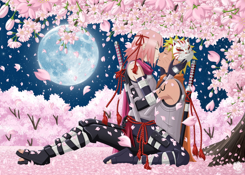 Sakura, weapons, art, the sky, night, mask, two, pair, kiss, guy, hugs, katana, anime, hanabi-rin, petals, girl, trees, naruto, haruno sakura, stars, Uzumaki naruto