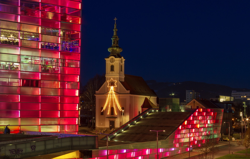 architecture, belief, 4K, building exterior, faith, illuminated, spire, linz, church, nature, outdoors, night photograph, star, city, advent, religion