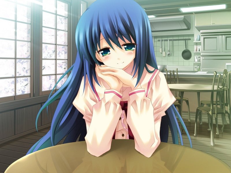 green eyes, amazuki setsuka, chair, indoors, blouse, real people, women, glass - material, obscured face, 720P, illustration, sitting, wearing, blue, looking at camera