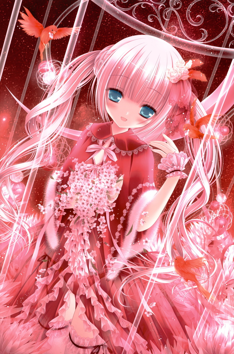 blue, illustrations, Flowers, lolita, art, BIRDS, animals, twintails, tinkle, lolicon, 5K, eyes, pink, hair, hd, fashion