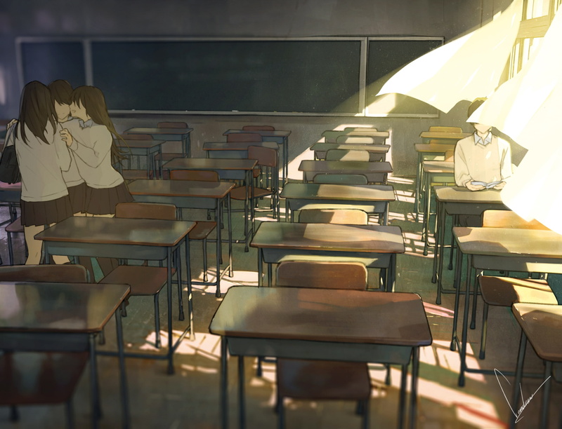 sunlight, desks, table, lighting equipment, Anime, education, absence, publication, seat, school, 1080P, anime school, learning, no people, book, classroom