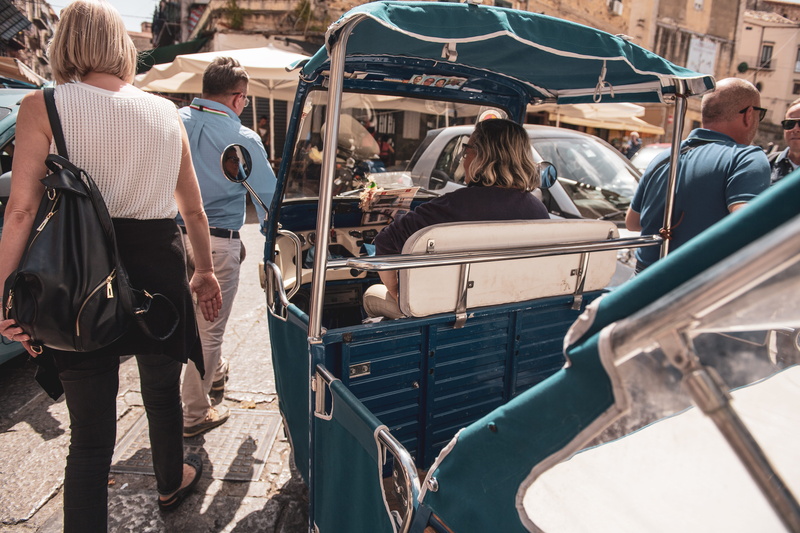 rickshaw, leisure activity, summer, nature, men, piaggio, day, standing, casual clothing, transport, incidental people, beside, architecture, road, group of people