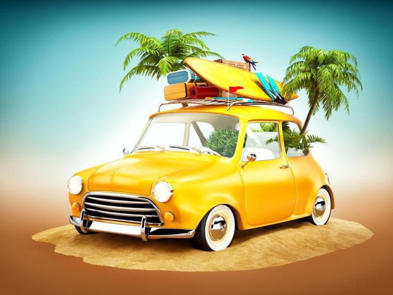 luxury, holiday, small, motor vehicle, no people, collectors car, Palm trees, Luggage, yellow, retro styled, digital composite, architecture, Car, vacations