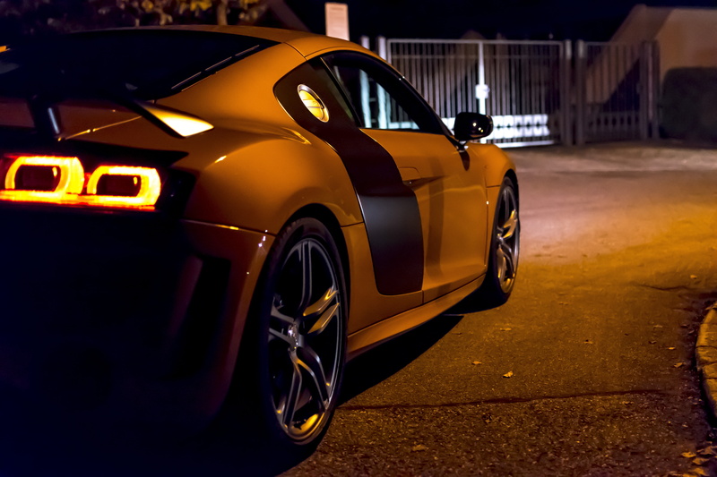 audi, r, gt, outdoors, street, brown, parked, sports car, architecture, illuminated, yellow, yellow taxi, coupe, luxury car, transportation, building exterior