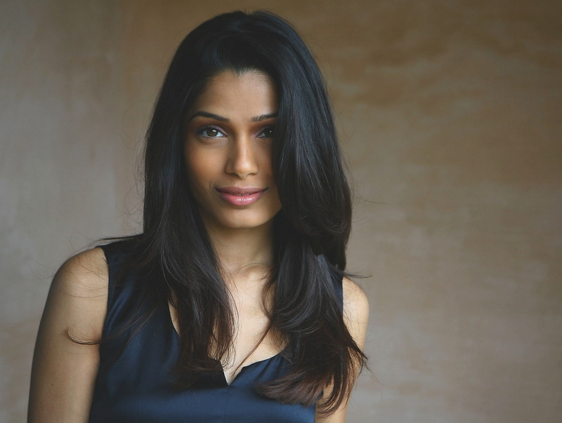 Freida Pinto, young women, 1080P, headshot, front view, hair, one person, long hair, black hair, beautiful woman, standing, hairstyle, portrait, beauty