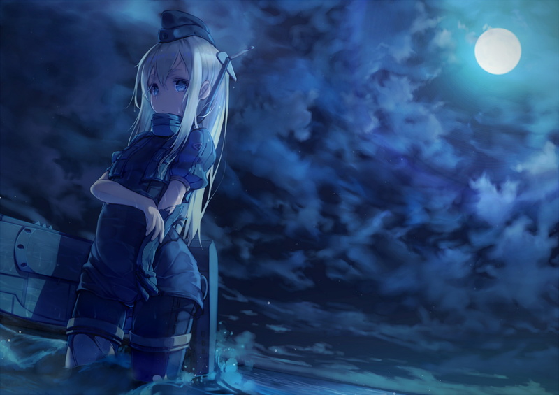 U-511 (KanColle), water, anime girls, Kantai Collection, Moon, clouds, 4K