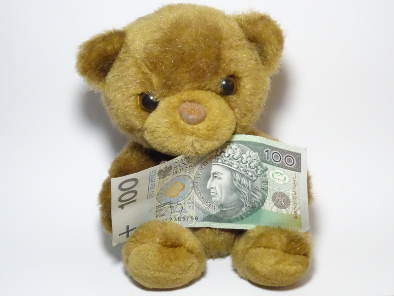 white background, childhood, teddy bear, gold, still life, amount, currency, safe, toy, close-up, means of payment, paper currency, softness, studio shot