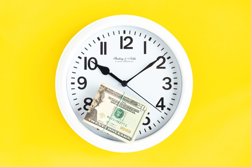 dollars, white clock, single object, money, number, no people, cut out, clock face, finance, yellow, 5K, studio shot, instrument of time, instrument of measurement