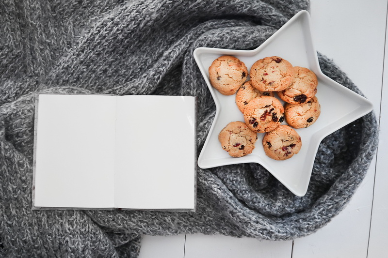 knitted blanket, clear notebook, still life, cookies, background, copy space, empty notebook, empty paper, mockup, baked, close-up, high angle view, directly above