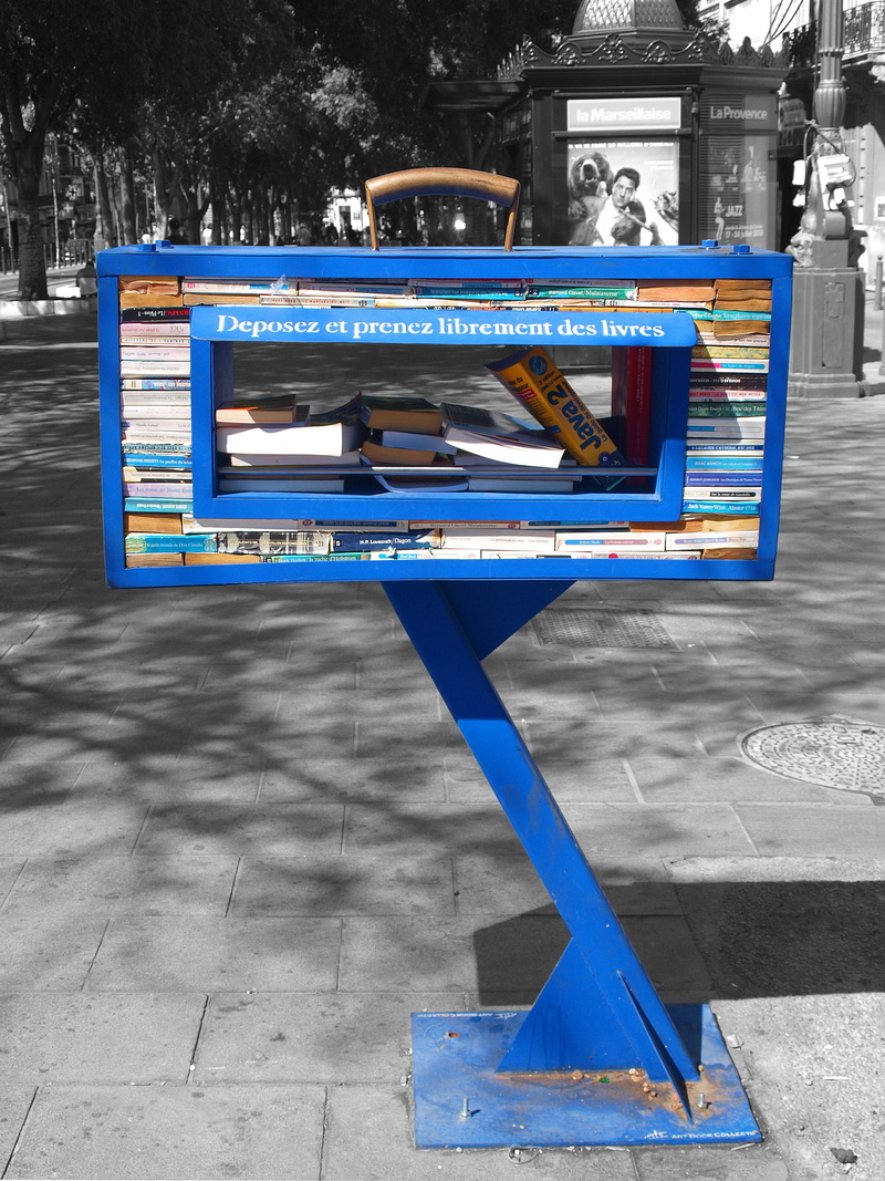 security, western script, communication, blue, safety, building exterior, public, outdoors, books, sign, illuminated, street, borrow, marseille, bookshelf