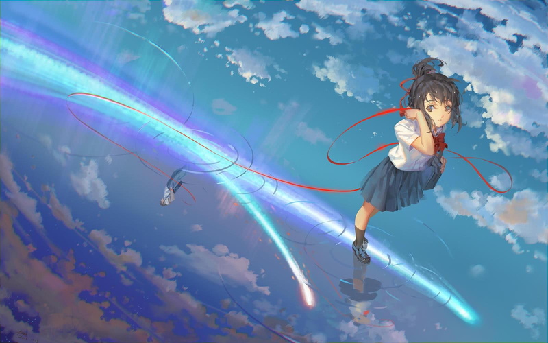 Kimi no Na Wa, sky, anime girls, school uniform, red ribbon, 720P