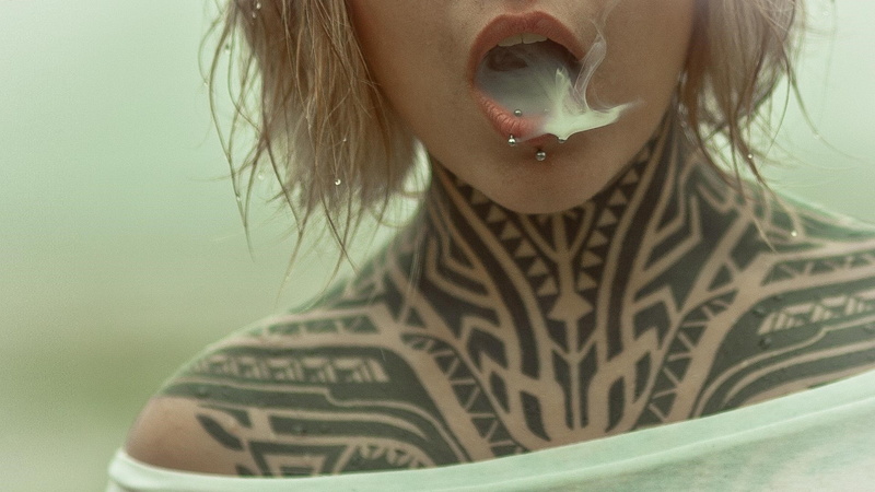 tattoo, Teya Salat, piercing, Pierced Lips, model, women, 1080P, Russian women, wet hair, Russian, smoke, white tops