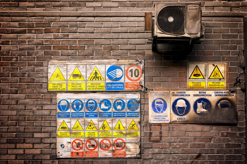 ban, rules, posted, no people, yellow, brick wall, text, board, graffiti, brick, note, creativity, sign, multi colored, industry factory, road, art and craft
