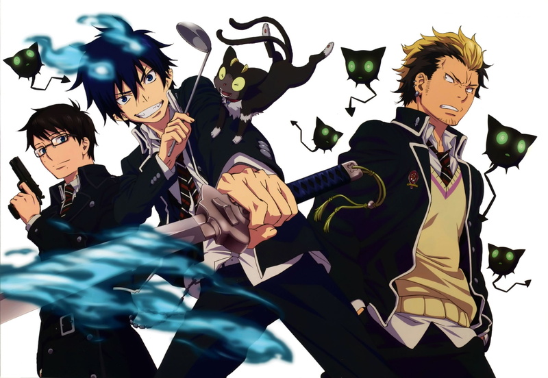 white background, lifestyles, disguise, three quarter length, costume, performance, motion, anime blue exorcist demon okumura rin okumura yukio suguro ryuji