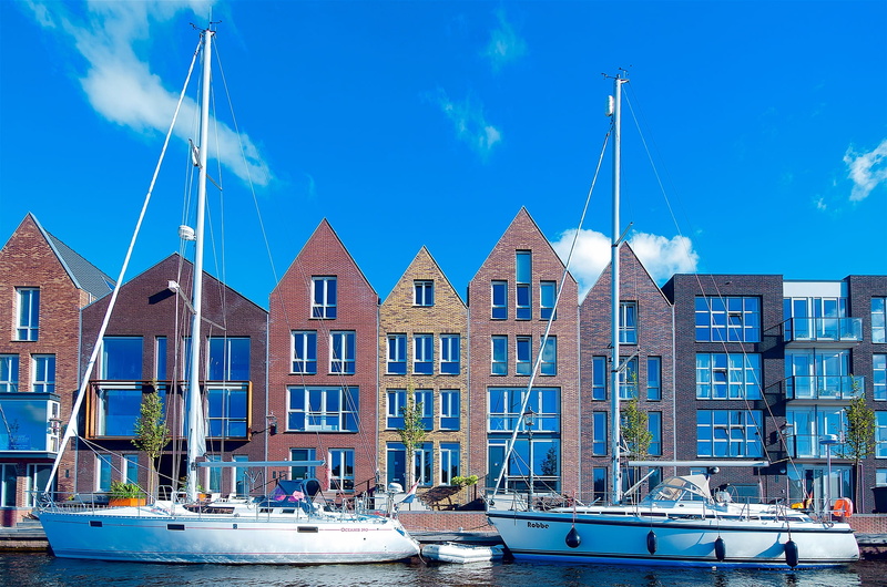 nature, transportation, cloud - sky, two, body of water, ships, built structure, no people, wharf, architecture, urban, canal, boat, outdoors, buildings