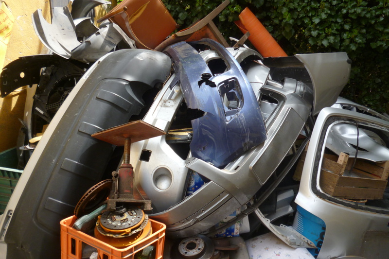 garage, 4K, stationary, junkyard, silver colored, damaged, nature, motor vehicle, wreck, old, outdoors, used, motorcycle, close-up, no people, high angle view