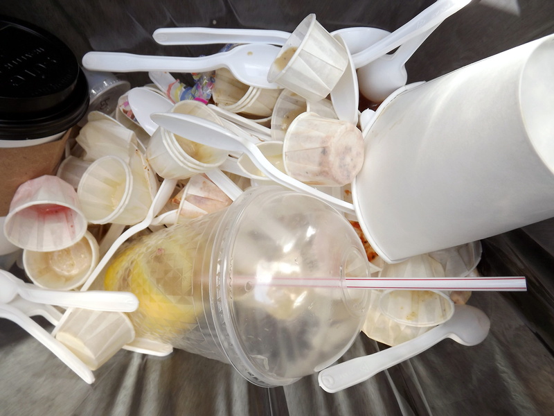 eating utensil, close-up, indoors, large group of objects, day, container, cups, table, transparent, disposable, landfill, white color, no people, 4K
