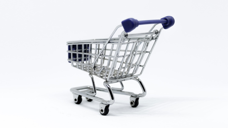 groceries, wheels, buying, single object, full length, steel, blue, copy space, no people, studio shot, small, shopping basket, supermarket, stainless