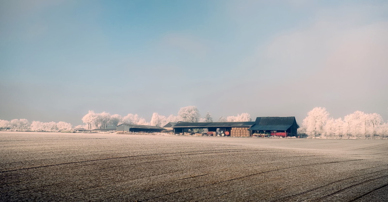 farm, copy space, winter, agriculture, beautiful, railroad track, hoarfrost, no people, tractor, transportation, sky, trucking, house, surrounded, day