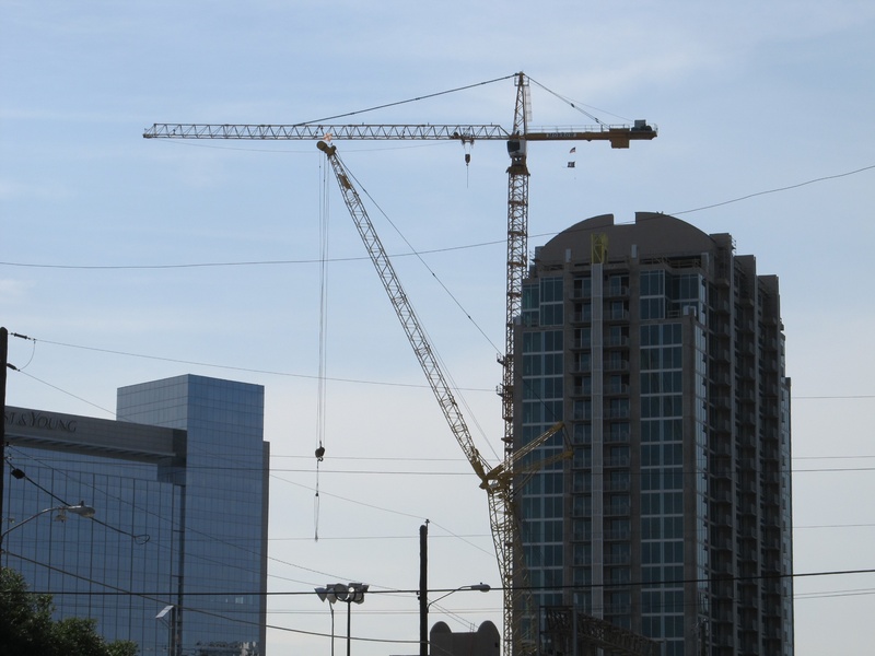 dallas, low angle view, 2K, sky, day, city, urban, construction workers, nature, machinery, texas, skyscraper, construction site, build, incomplete, office building exterior