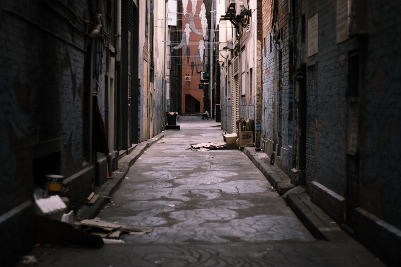 no people, residential district, dark, direction, narrow, street, building, ally, arcade, rubbish, footpath, 5K, corridor, architecture, urban, building exterior