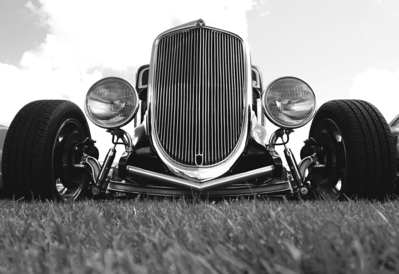 hot rod, no people, land, stationary, old cars, 5K, day, headlight, retro styled, nature, metal, wide angle, close-up, field, outdoors, grass, transportation