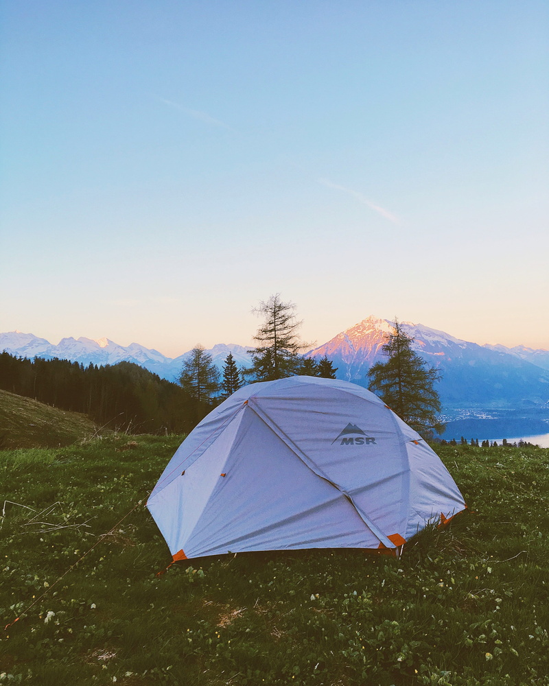 grass, thunersee, remote, land, morning, no people, sunrise, beauty in nature, non-urban scene, thun, switzerland, sun, mountain, sky, landscape, tent