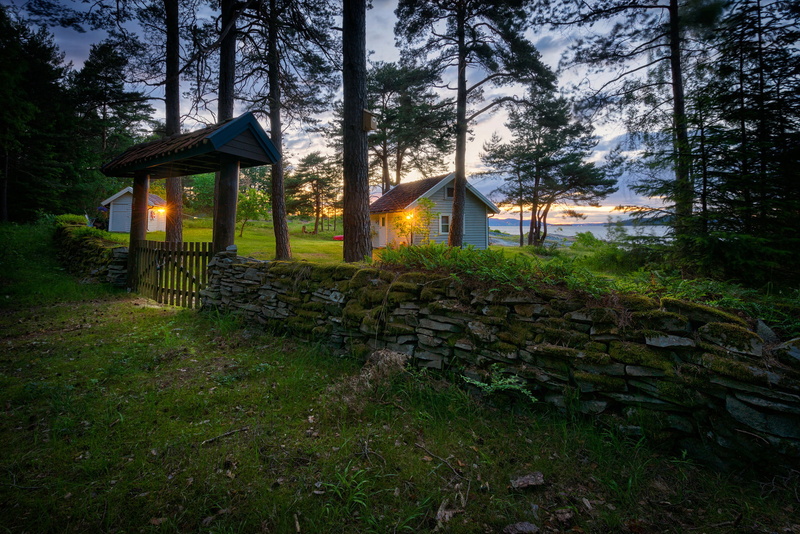 Ostfold, the fence, lake, grass, wicket, houses, lights, 1080P, stones, Norway, trees