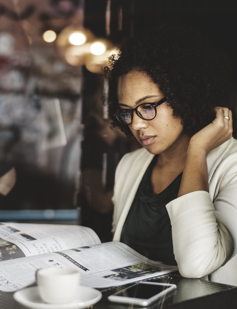 eyeglasses, coffee, alone, casual clothing, afro, global, 4K, portrait, checking, studying, young men, daily news, cafe, lifestyles, front view, book