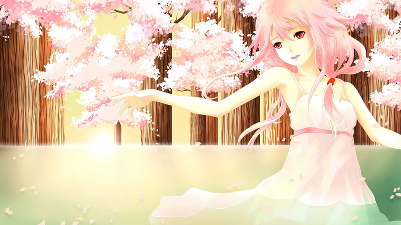 anime girls, red eyes, cherry blossom, 1080P, long hair, smiling, anime, looking away, pink hair