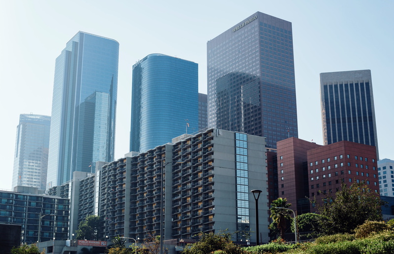 los angeles, modern, building exterior, low angle view, office, downtown, tree, bank, united states, buildings, nature, day, building, architecture, urban