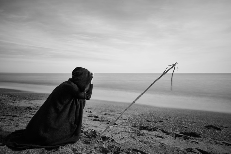 person, outdoors, sea, sunset, outdoor, grayscale, lonely, horizon, scenics - nature, seashore, portrait, travel, crisis, water, day, pose, leisure activity
