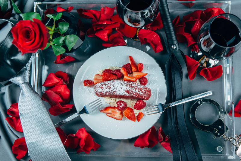 handcuffs, menu, style, 4K, roses, Fifty Shades of Grey, strawberry