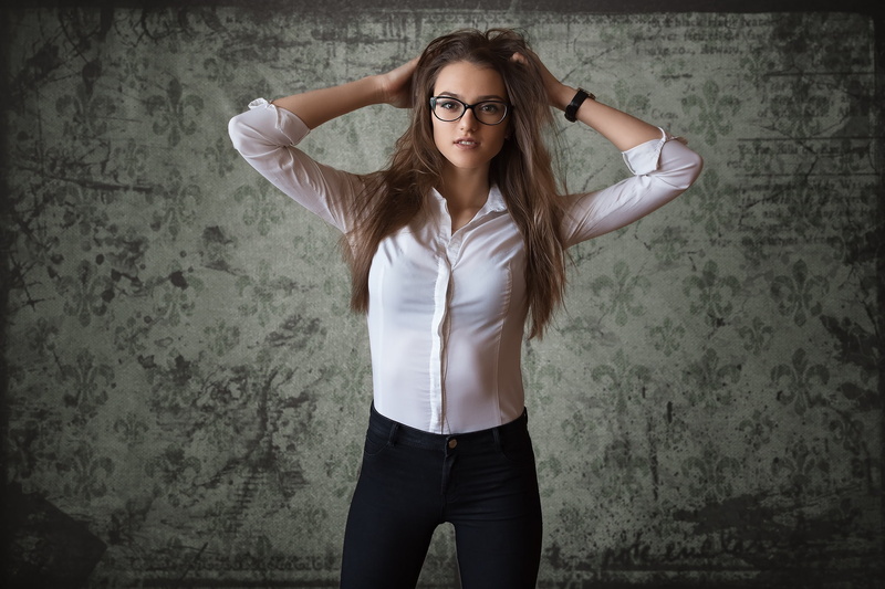 women, brunette, hands on head, shirt, Dmitry Shulgin, looking at viewer, indoors, model, women indoors, jeans, 1080P, women with glasses, portrait, watch