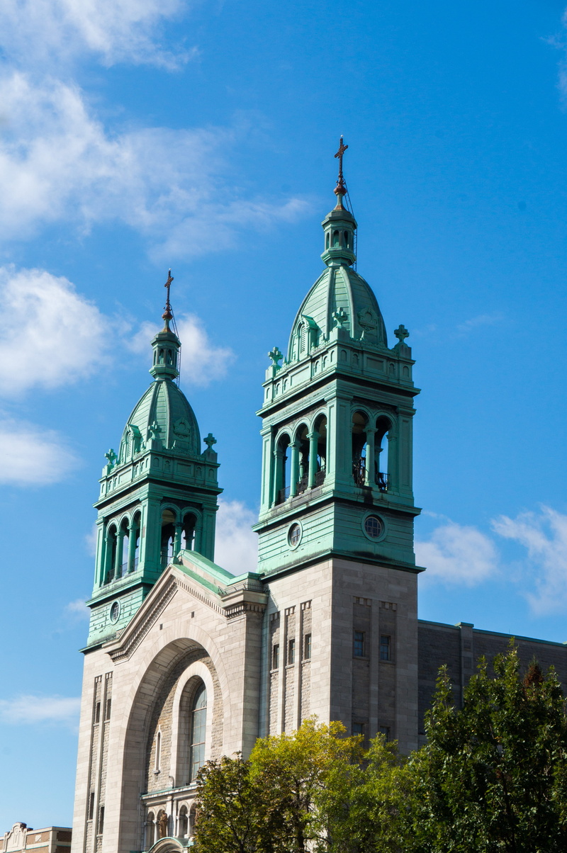 no people, bell, place of worship, tower, gray, building exterior, clock tower, tree, christian, belief, trees, cloud - sky, travel destinations, montreal