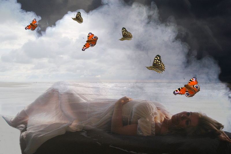 butterflies, beach, water, people, digital composite, real people, illustration, mid-air, men, Meditation, group of people, sitting, flying, jumping, lifestyles
