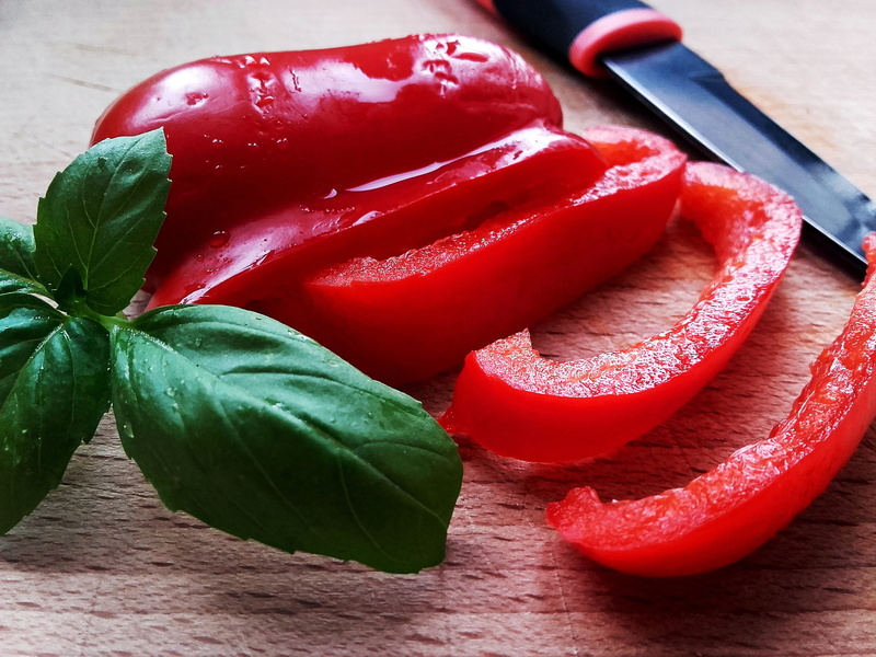slice, eating, a vegetable, the richness of, peppers, close-up, firm, herbs, grains, dish, paprika, tasty, eco-friendly, kitchen, green color, table, cooking